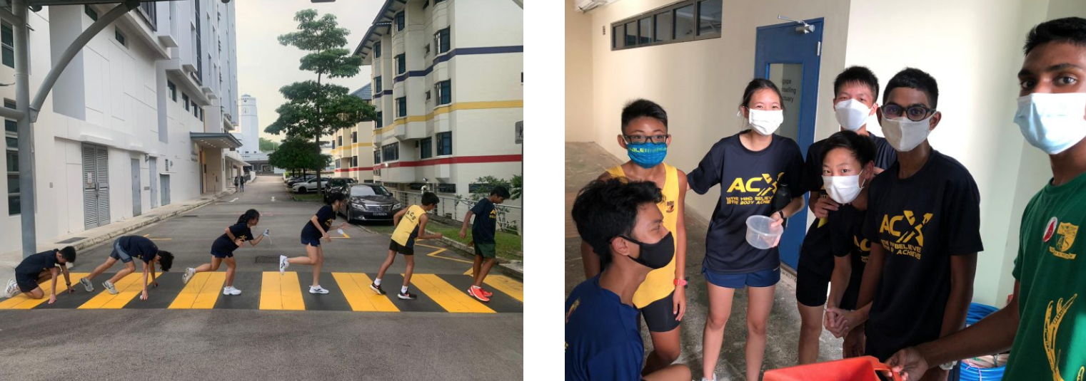 Students in uniforms exercise on a yellow crosswalk outdoors; another group of masked students poses together indoors.
